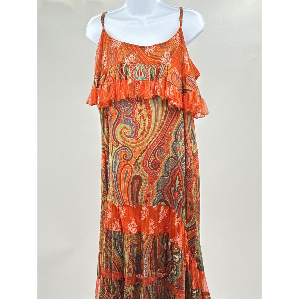 Orange Paisley Lace Ruffle Maxi Dress Cold Shoulder Boho Tiered Summer Dress